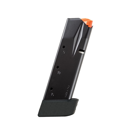 Black magazine for firearm with orange tip.