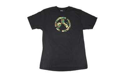 Black t-shirt with camouflage graphic design.