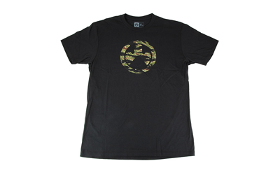 Black t-shirt with camouflage logo graphic