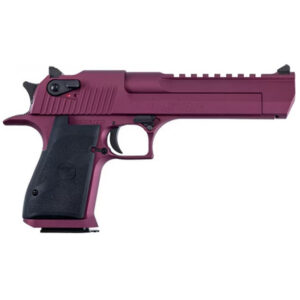 Purple handgun with black grip and tactical features.