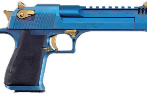 Blue semi-automatic pistol with gold accents.