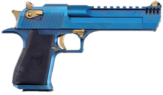 Blue semi-automatic pistol with gold accents.