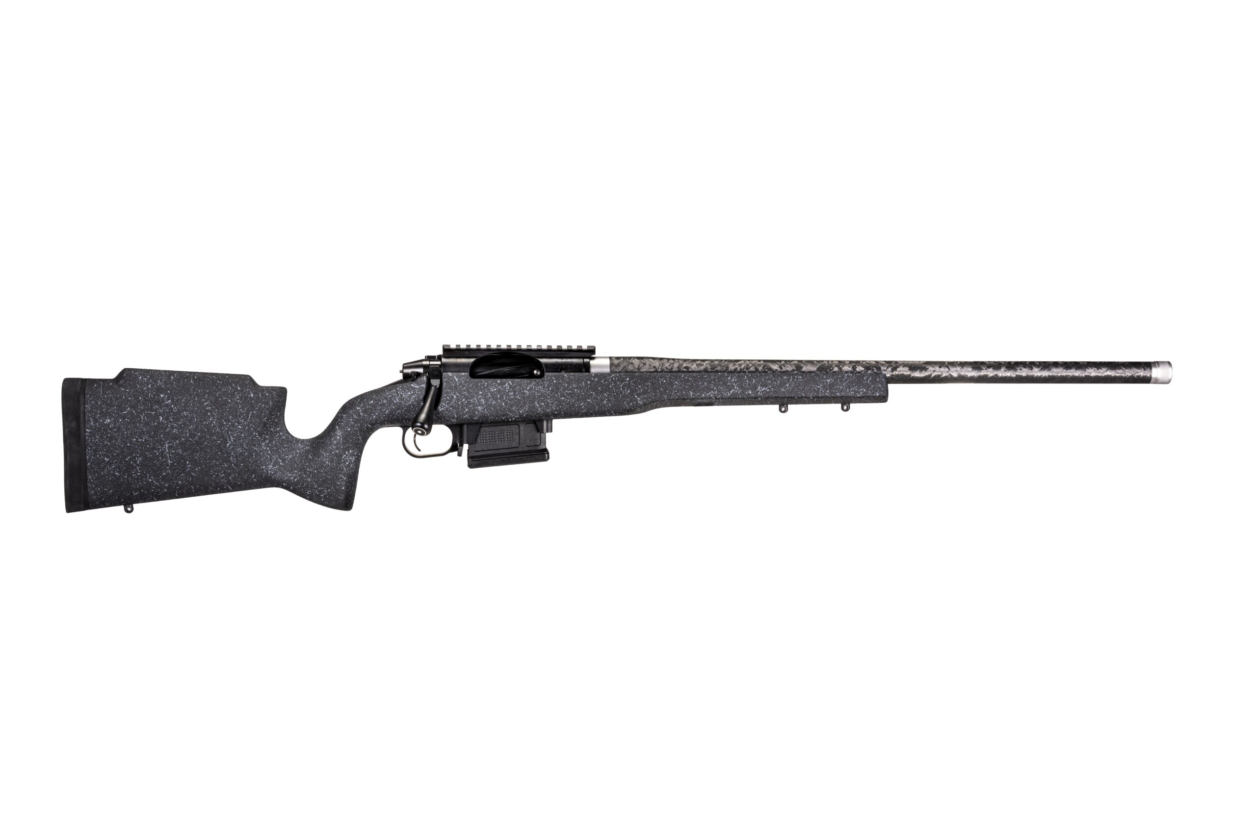 Side view of a black bolt-action rifle