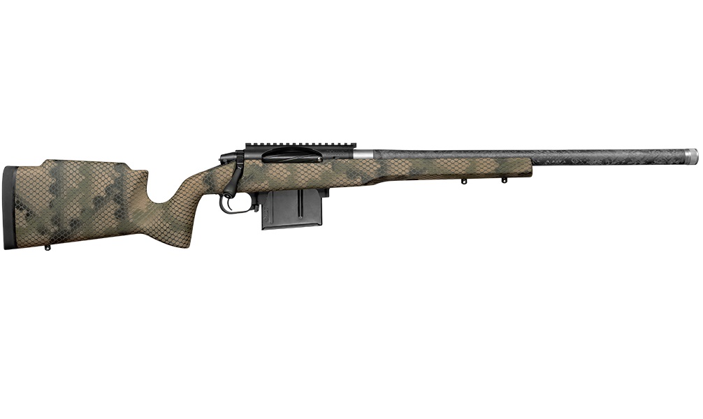 Camouflaged long-range rifle with detachable magazine.