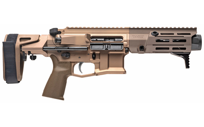 Tan tactical rifle with modern design features.
