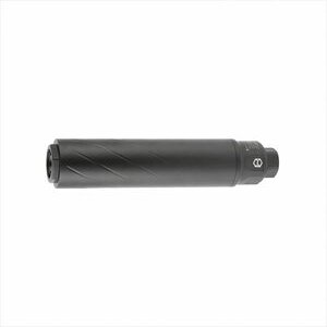 Black cylindrical suppressor for firearms.