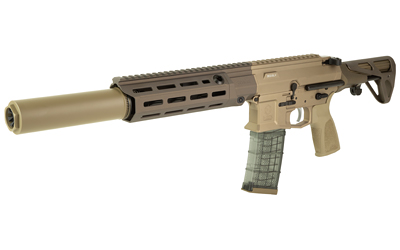 Brown tactical rifle with silencer and magazine.