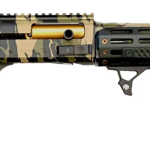 Camouflaged rifle with modern tactical features.