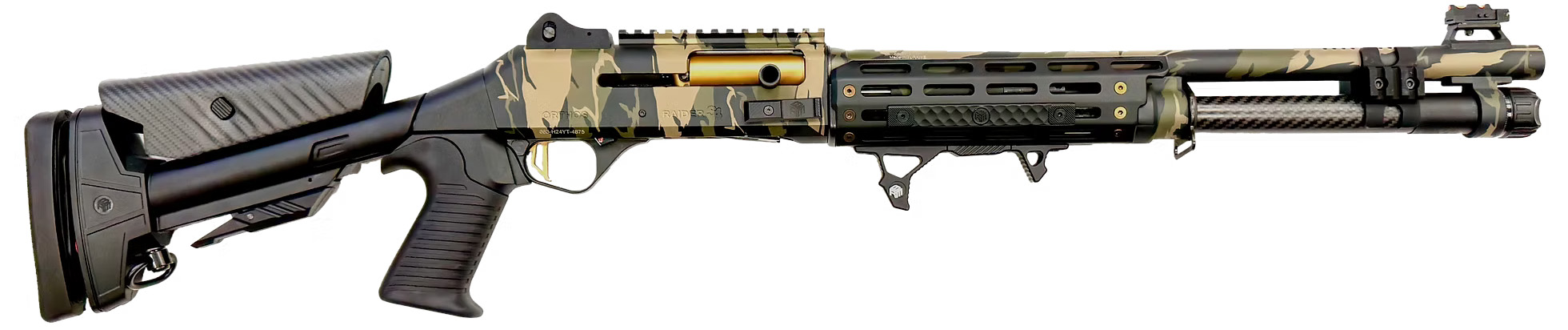 Camouflaged rifle with modern tactical features.