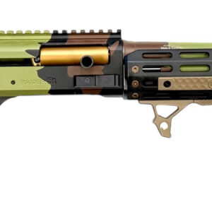 Camouflaged firearm with tactical features and accessories.