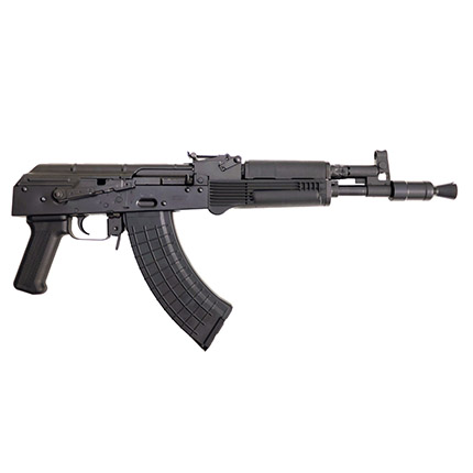 Black assault rifle on a white background.