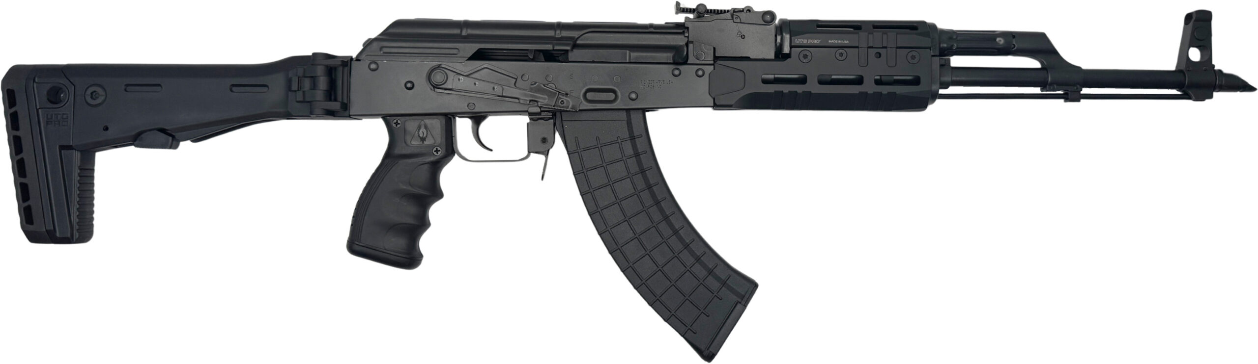 Black semi-automatic rifle on white background