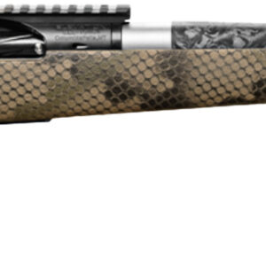 Side view of a camouflage-patterned rifle.