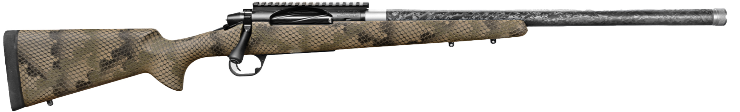 Side view of a camouflage-patterned rifle.