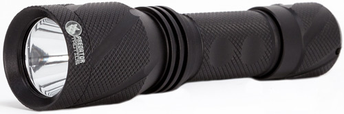 Black handheld flashlight with textured grip.