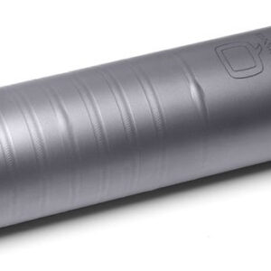 Silver cylindrical suppressor for firearms.