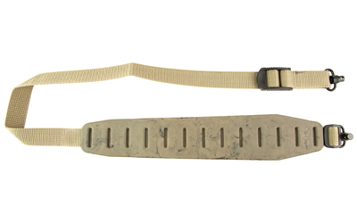 Tan adjustable strap with metal clips and grooves.
