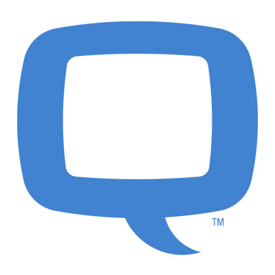 Stylized speech bubble logo in blue