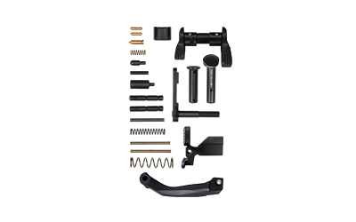Assorted firearm components and parts arranged neatly.