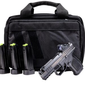 Handgun with magazines in a black carrier bag.