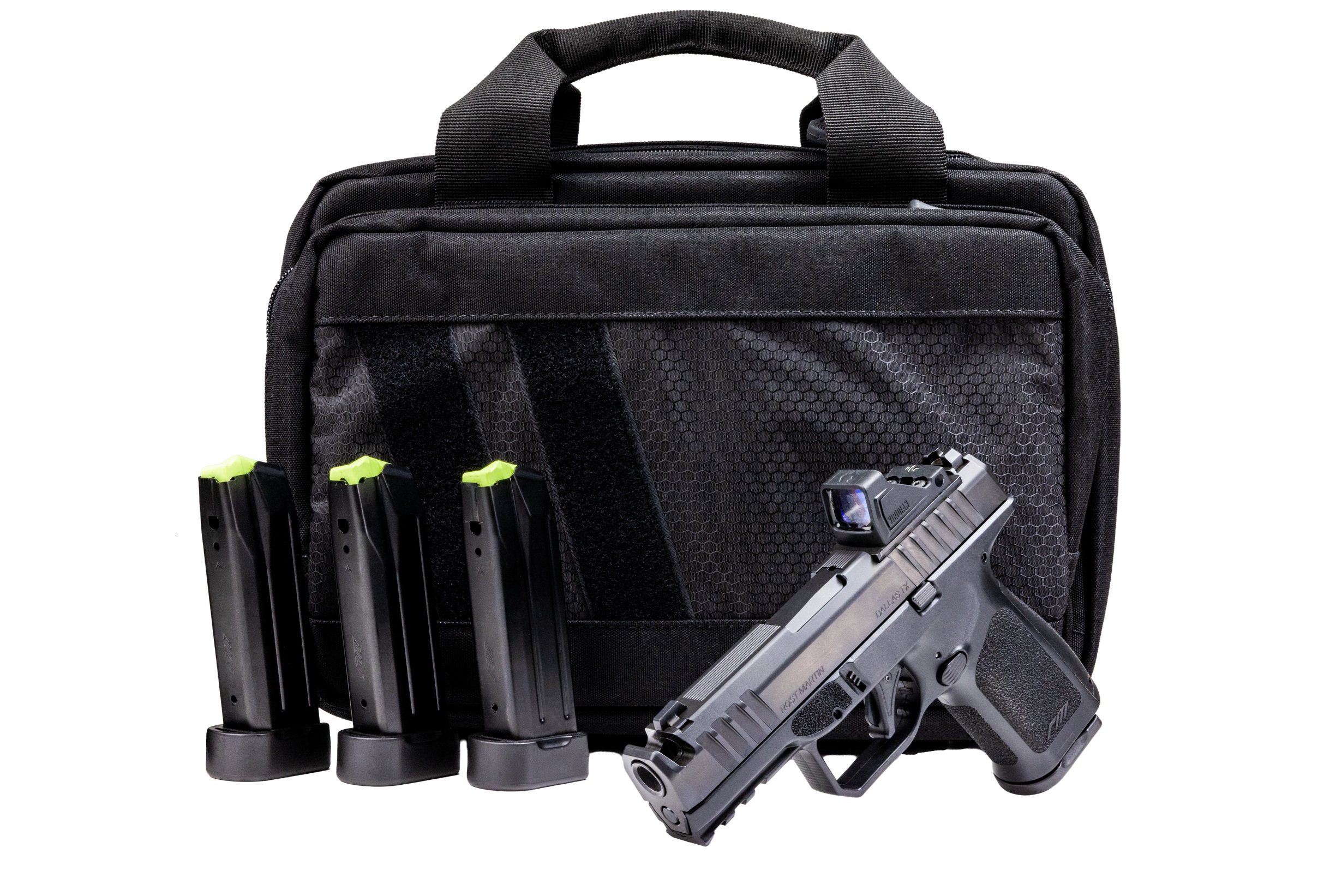 Handgun with magazines in a black carrier bag.