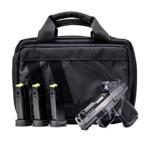 Black tactical bag with handgun and magazines.