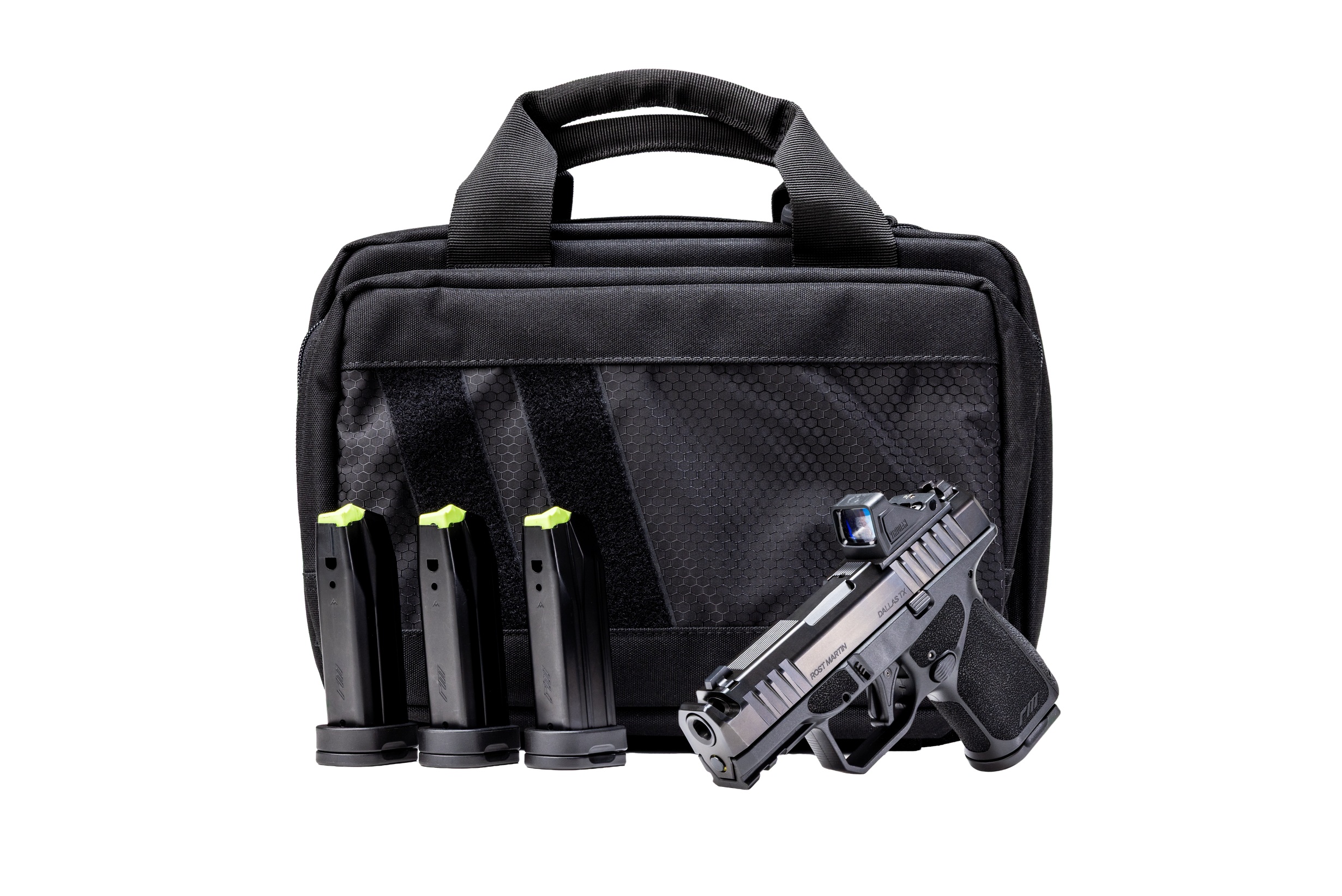 Black tactical bag with handgun and magazines.