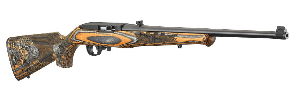 Side view of a sleek rifle with ornate design.