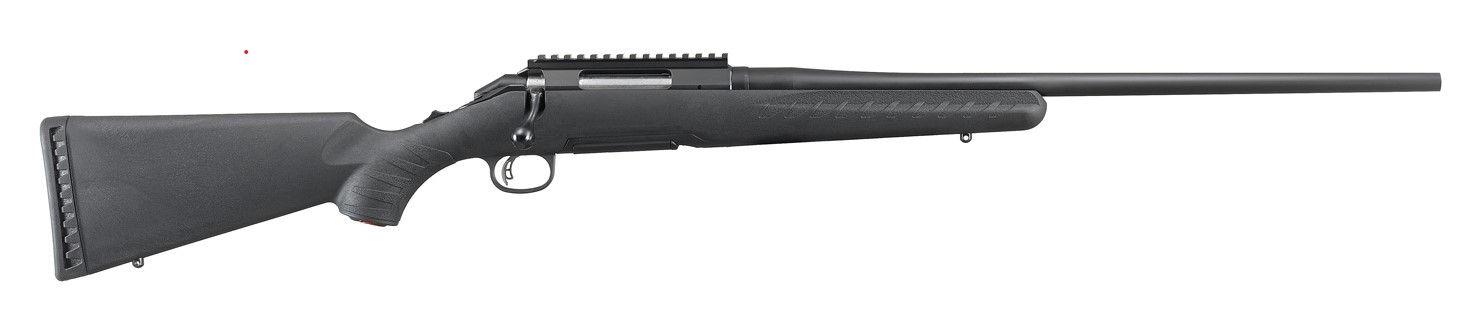 Side view of a sleek black rifle.