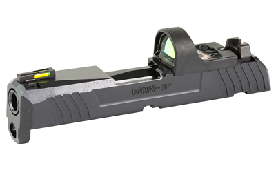 Compact firearm slide with red dot sight.