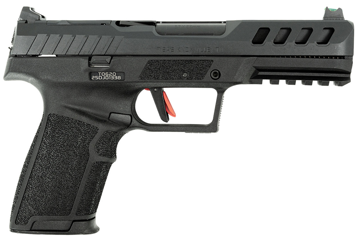 Side view of a modern black handgun.