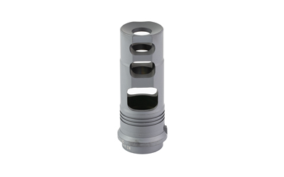 Gray muzzle brake with multiple ports.