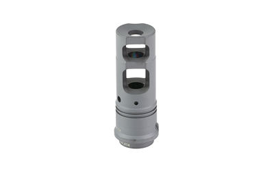 Gray muzzle brake with multiple ports.