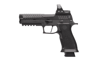 Black semi-automatic handgun with red dot sight
