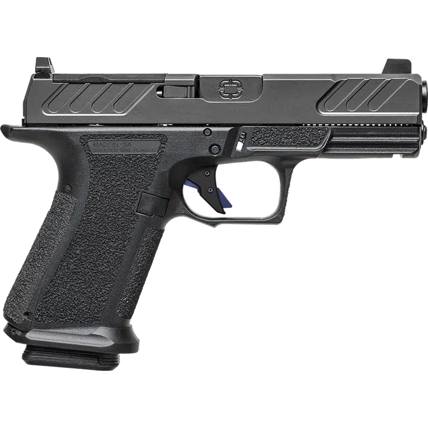 Side view of a modern black handgun.