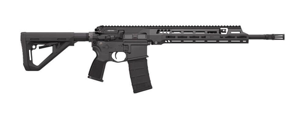 Black semi-automatic rifle on a white background.
