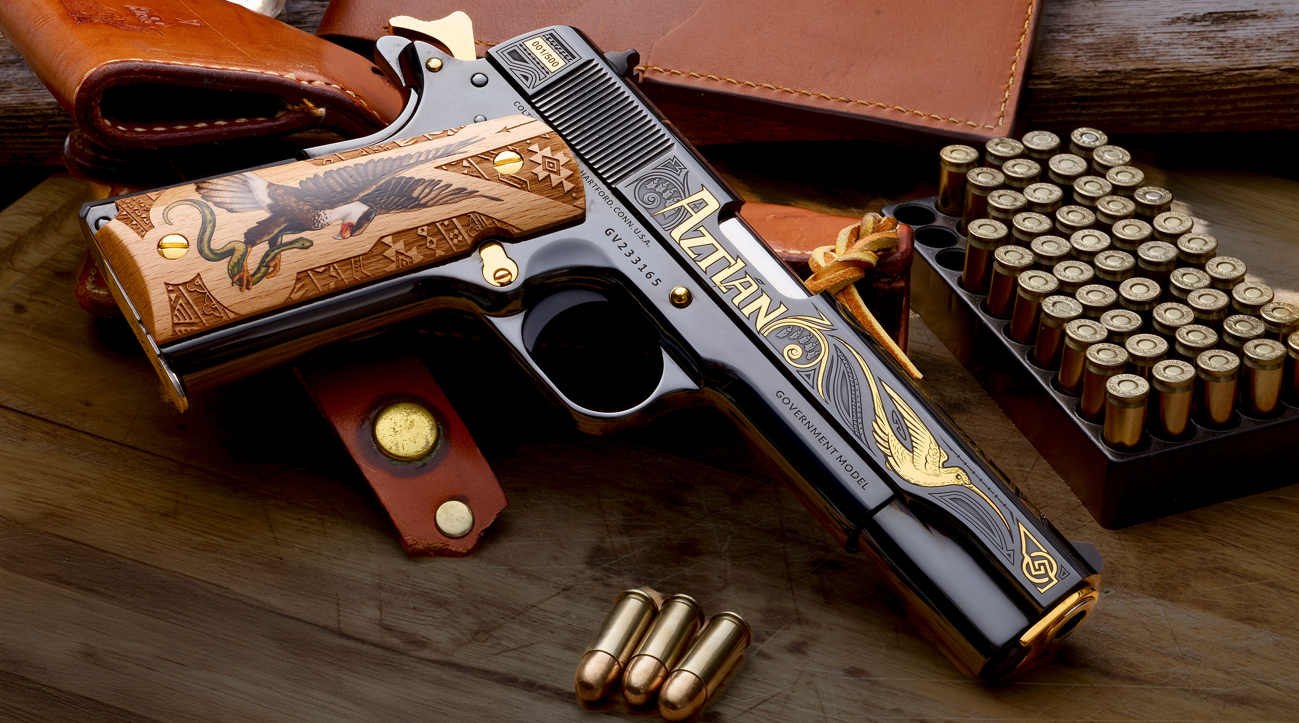 Decorative handgun with intricate designs and bullets.