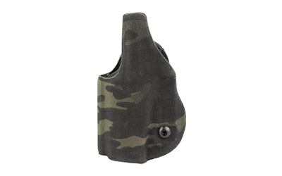 Camo-patterned gun holster from a side view.