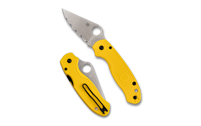 Yellow folding knife with serrated blade.