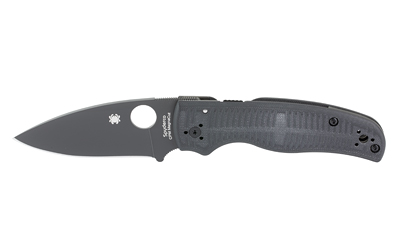 Black folding knife with textured handle.