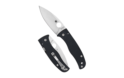 Foldable knife with black handle and stainless steel blade.