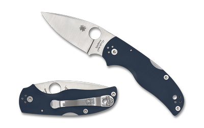 Blue-handled folding knife with stainless steel blade.