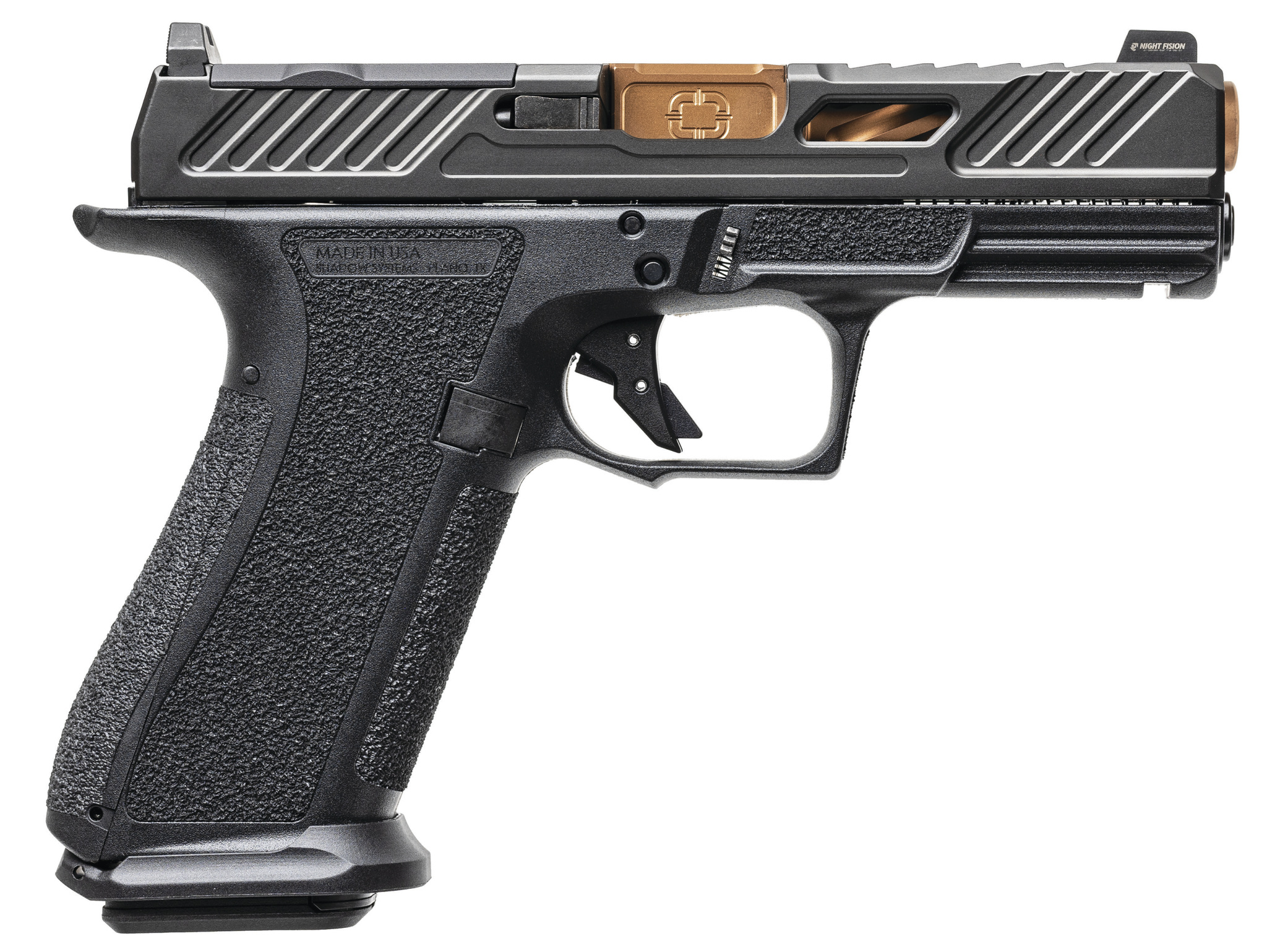 Black handgun with detailed grip and design.