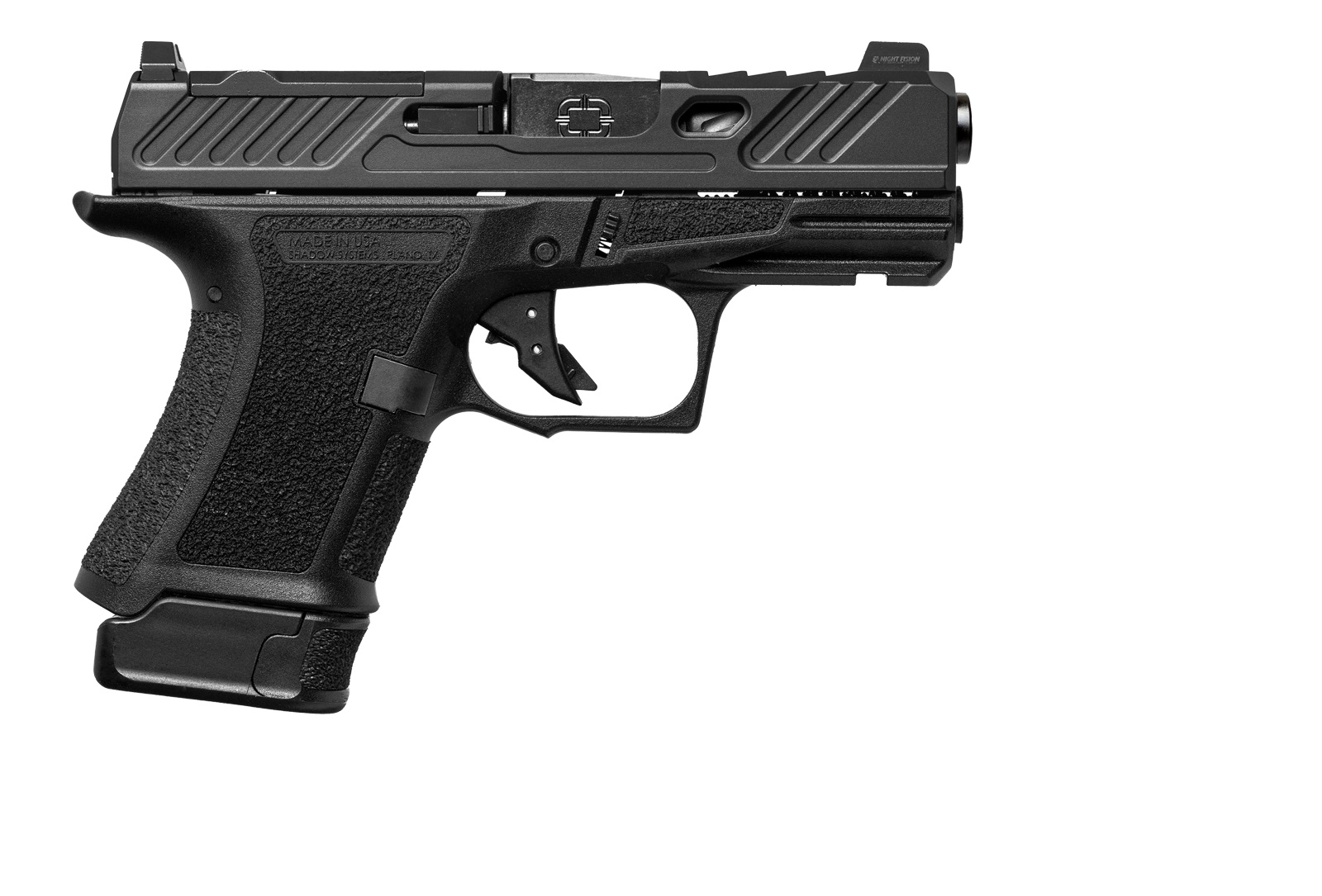 Side view of a black handgun.