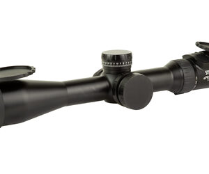 Black rifle scope with lens covers.