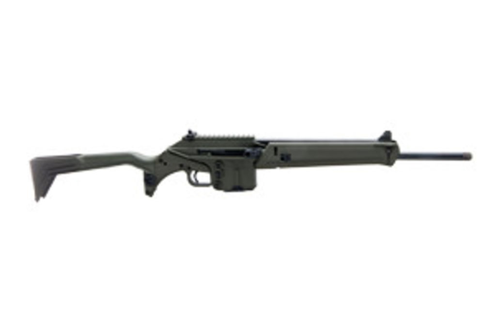Military-style firearm in olive green color
