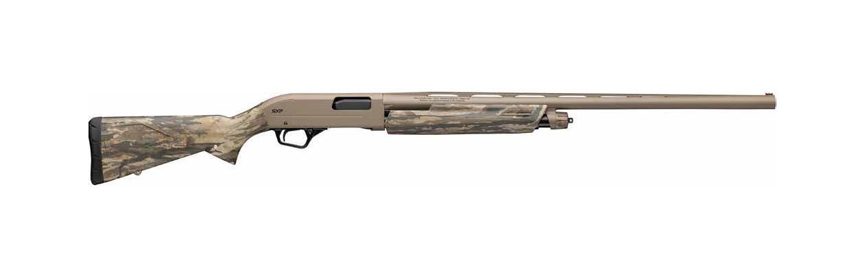 Side view of a camouflage shotgun.