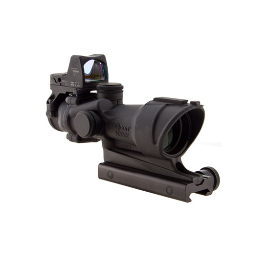 Black rifle scope with red dot sight.