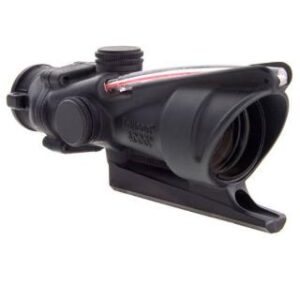 Tactical rifle scope with sleek black design.