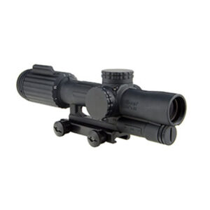 Black rifle scope with adjustable magnification.